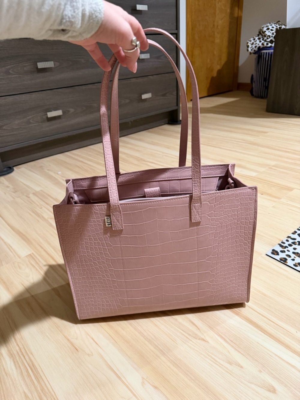 BEIS Rose Pink Croc-Embossed Tote